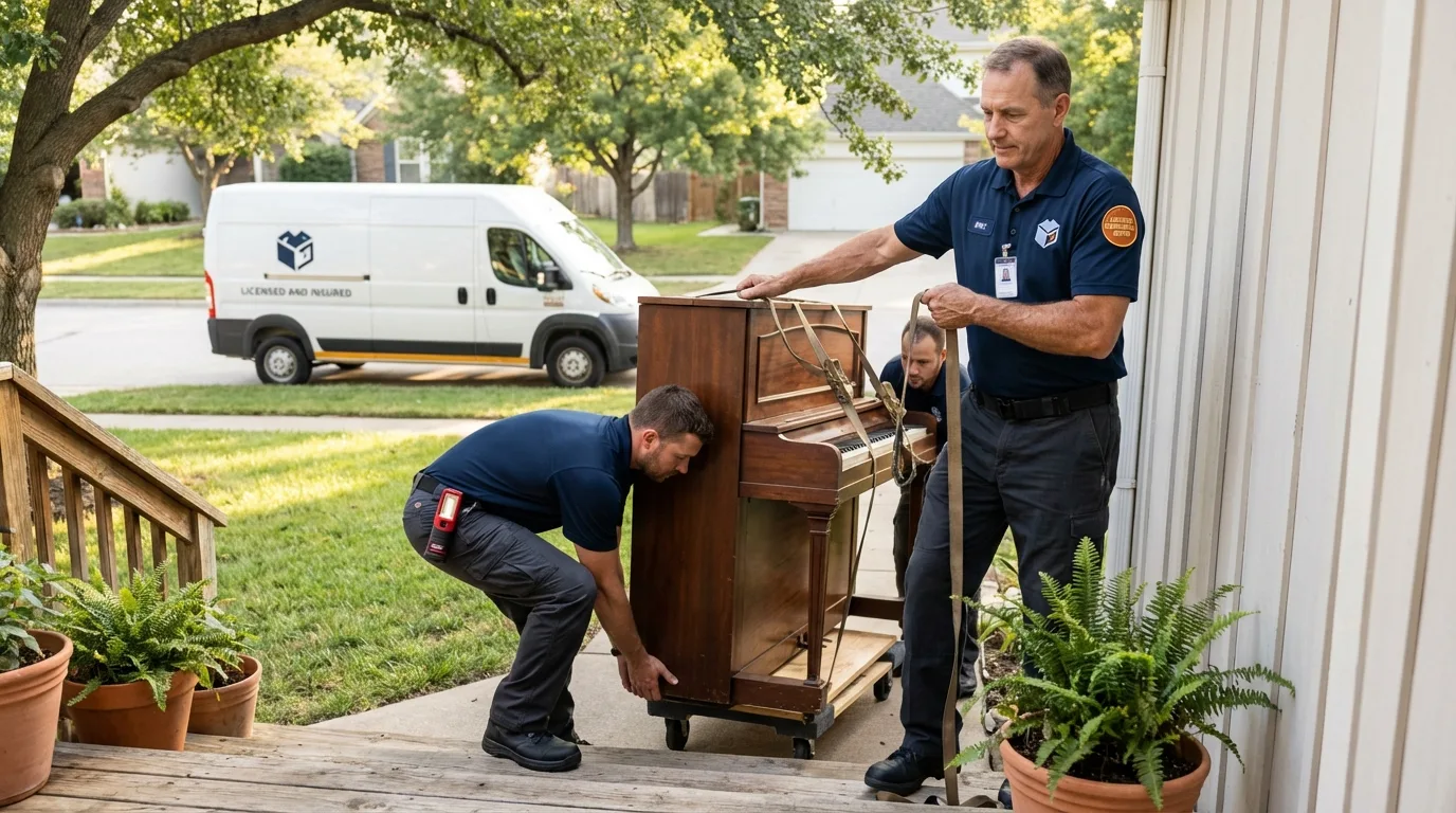 Licensed piano movers securing grand piano in Cohoes, NY