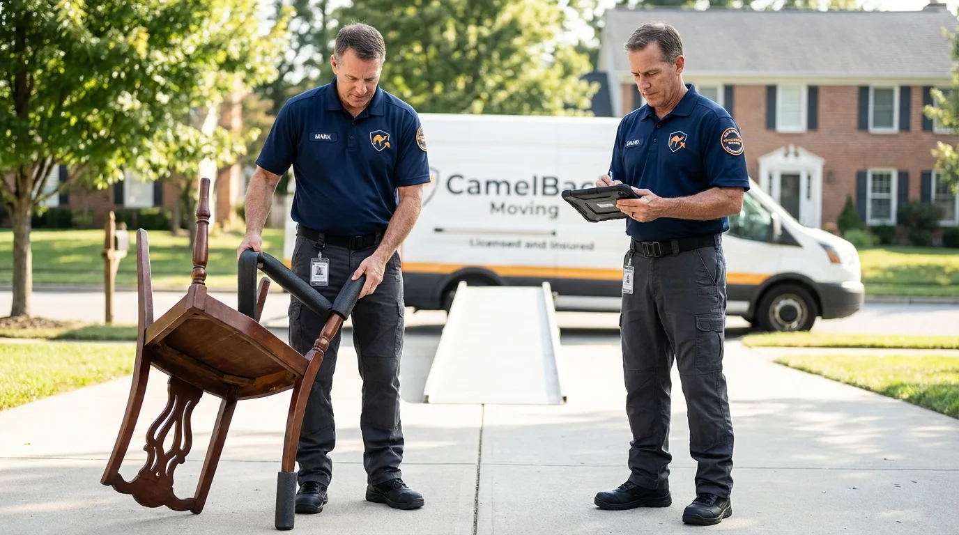 Movers inspecting furniture for damage prevention before loading in Cohoes, NY