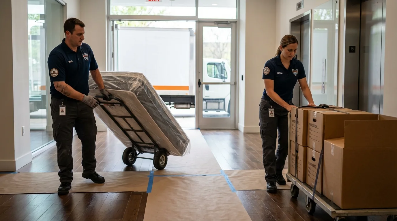 Professional apartment movers loading elevator in Cohoes, NY