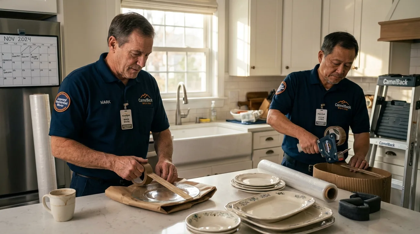 Professional crew packing kitchen dishware in Cohoes, NY